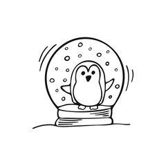 Hand-drawn little penguin. Doodle penguin in a glass ball isolated on white background. Image