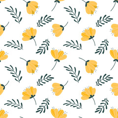 Spring seamless pattern with yellow flowers and leaves. Suitable for printing on textiles, wrapping paper, etc.