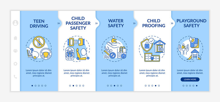 Kids safety onboarding vector template. Water safety, drowning prevention. Child proofing. Playground safety. Responsive mobile website with icons. Webpage walkthrough step screens. RGB color concept