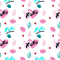Vector abstract seamless XOXO pattern. White background with brush strokes, pink hearts, text. Romantic floral print design for textile, wrapping paper, wedding backdrops, Valentine's Day concepts etc