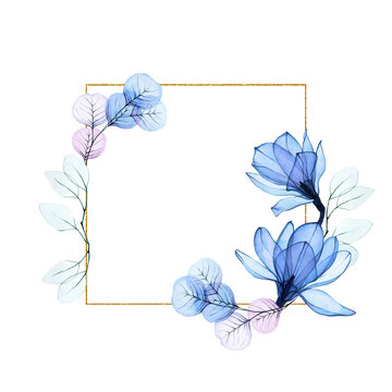 square gold frame with transparent magnolia flowers and eucalyptus leaves. vintage frame with blue flowers for design greeting cards, weddings, invitations. cosmetics and perfumery logo