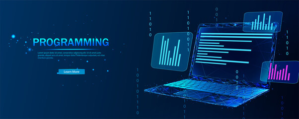 Software, web development, programming concept. Abstract programming language and program code on the laptop screen. Technological process of software development. Software development.