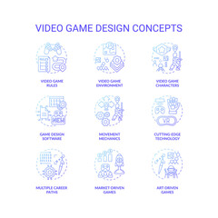 Video game design concept icons set. Video game rules. Beautiful laying environment creation. Movement mechanics idea thin line RGB color illustrations. Vector isolated outline drawings