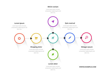 Clean infographic layout with colored circles and various icons in the middle, business graphic design for corporations, timeline template with connected with arrows