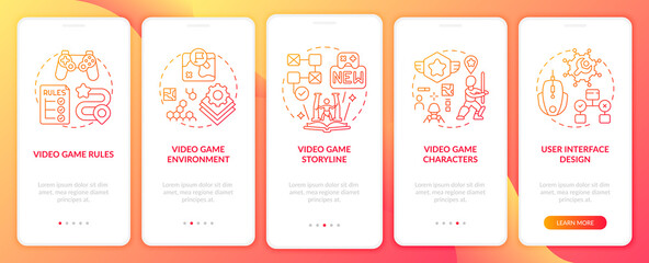 Video game design components onboarding mobile app page screen with concepts. Video game environment walkthrough 5 steps graphic instructions. UI vector template with RGB color illustrations