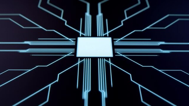 Human finger is pressing a digital button on a glowing touchscreen. Futuristic microprocessor is starting the operation of the computer program. Machine learning and artificial intelligence.