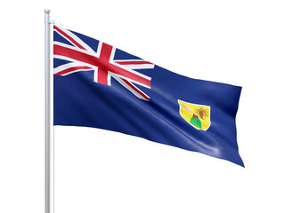 Turks and Caicos Islands (British overseas territory) flag waving on white background, close up, isolated. 3D render