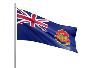 Government Ensign of Gibraltar (British overseas territory) flag waving on white background, close up, isolated. 3D render