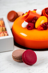 Orange, Mango, Raspberry Fruit Anniversary Birthday Cake and Colorful Homemade French Macarons