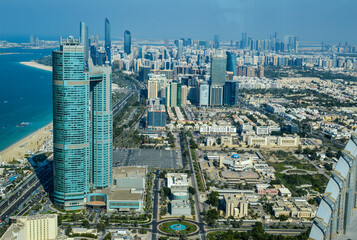 Bird's eye and aerial drone view of Abu Dhabi city from observation deck
