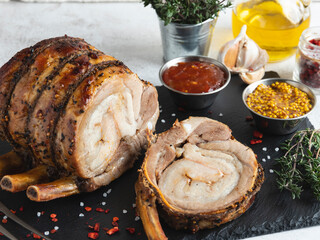 Rolled cooking cut roast beef Rump, pork, lamb, meat roll, spices, close up