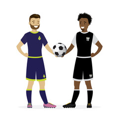 Two football players of different teams are holding game ball. Caucasian and african american soccer players in uniform.