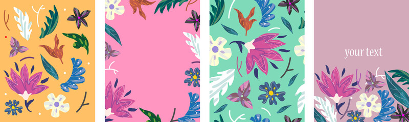 Set of bright banners with floral decorative elements. Template for cards, placard, cover, wallpaper, wrapping paper. Vector art illustration