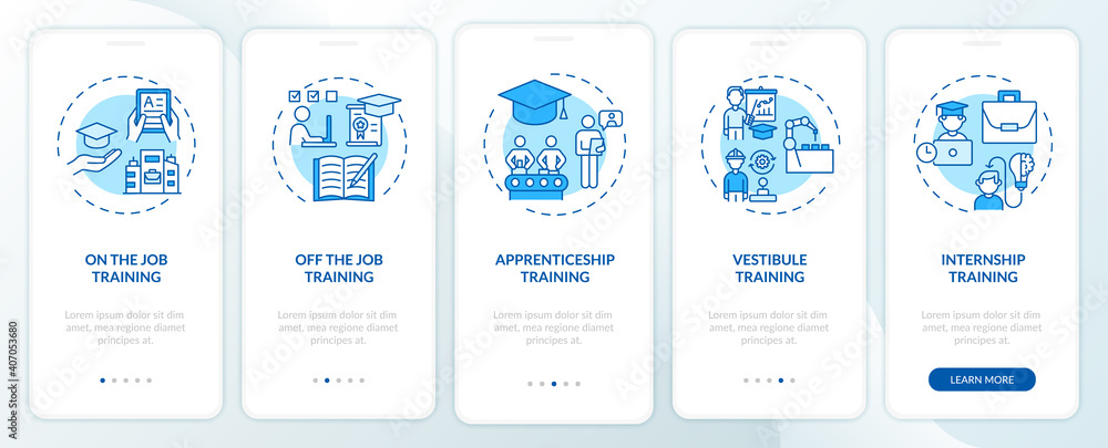Poster staff development methods onboarding mobile app page screen with concepts. on-the-job training, appr