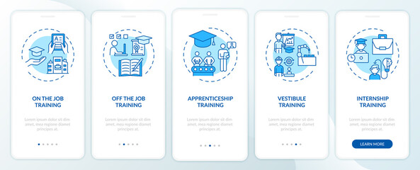 Fototapeta na wymiar Staff development methods onboarding mobile app page screen with concepts. On-the-job training, apprenticeship walkthrough 5 steps graphic instructions. UI vector template with RGB color illustrations