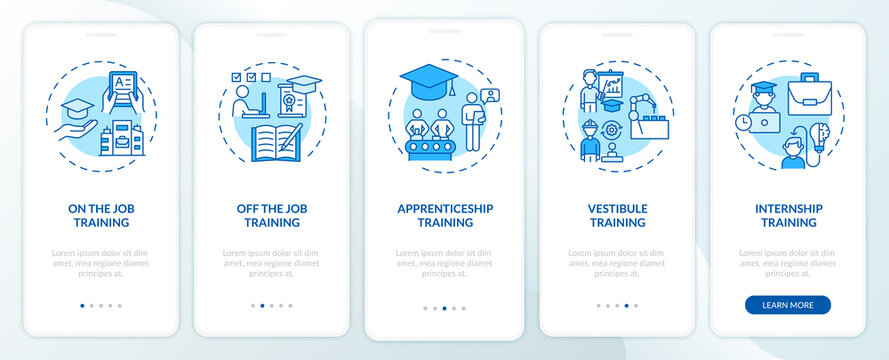 Staff development methods onboarding mobile app page screen with concepts. On-the-job training, apprenticeship walkthrough 5 steps graphic instructions. UI vector template with RGB color illustrations