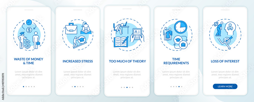 Poster staff development disadvantages onboarding mobile app page screen with concepts. time wasting, overt