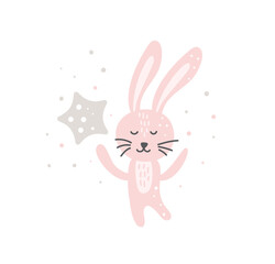 Obraz na płótnie Canvas Funny Bunny with star Lovely Nursery Art in Scandinavian style design. Dreaming rabbit nordic. Doodle Vector illustration dream