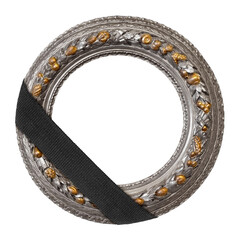 Silver frame with black mourning ribbon for paintings, mirrors or photo isolated on white...
