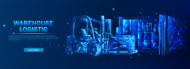 Warehouse logistics. Abstract vector in futuristic polygonal style with wireframe, lowpoly triangles on a blue background with stars. Logistics concept. Transportation and distribution of goods.
