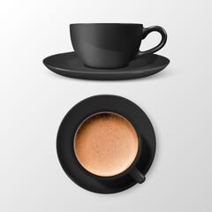 Vector 3d Realistic Ceramic Black Coffee Mug, Cup with Saucer Isolated on White Background. Milk Coffee, Foam. Espresso, Capuccino, Latte. Design Template. Top View