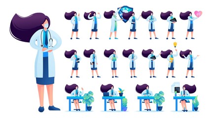 Set of Woman doctor. Presentation in various in various poses and actions. 2D Flat character vector illustration N9