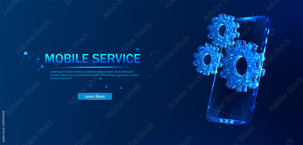 Poster gears. the concept of service. a gears consisting of polygons. phone in a futuristic polygonal style