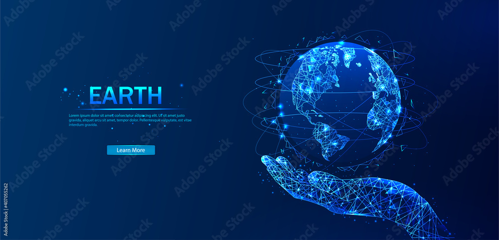 Poster vector. planet earth from space. flickering lights of cities. map of the mainland. global communicat