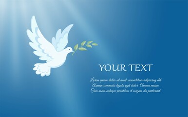 White dove flying against the blue sky. Hands are raised up and dove soaring in the rays of light. Dove is Christian religious symbol, symbol of peace and love. Vertical banner. Vector illustration - 407055270