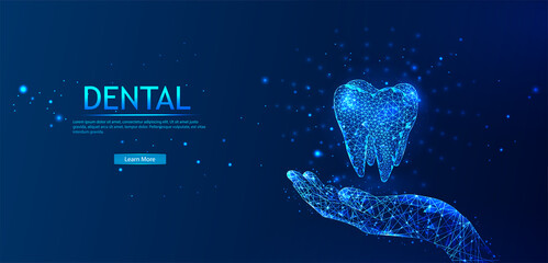 Abstract low-poly shiny bright tooth illustration. Dental care, dental clinic, dental medicine concept Medical healthy human tooth 3d. The model of medicine is low-poly. Dentist white toothpaste.