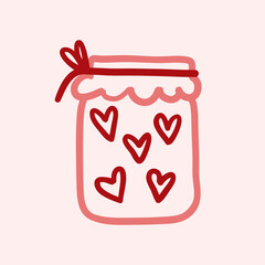 Hand drawn vector illustration of a mason jar filled with hearts, wedding and romance concept illustration isolated on pink background.