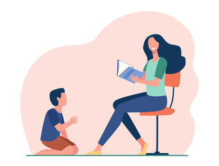 Obraz na płótnie Canvas Smiling mother sitting and reading book to son. Study, chair, kid flat vector illustration. Motherhood and family concept for banner, website design or landing web page