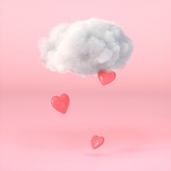 Cloud with heart rain on pastel pink background. Creative idea. Valentine's day or romantic concept. Minimalistic. 3d rendering