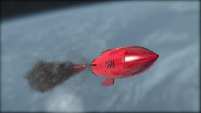 A rocket is flying in the sky. Flag of China. Weapons of mass destruction. Blurred background of clouds. Nuclear weapons, chemical weapons. War, fire, attack, threat. realistic 3d animation.