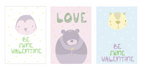 Set of cute cards for Valentine's Day. Cartoon animals. Vector illustration. Set romantic cards with penguin, bear, hearts, festive lettering in cute cartoon flat. inscription be my valentine