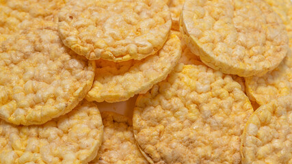 Rice wafers background, top view.