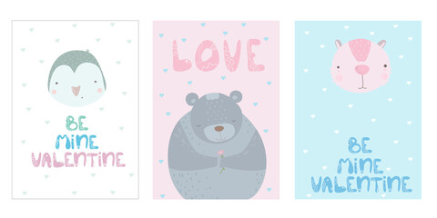 Set of cute cards for Valentine's Day. Cartoon animals. Vector illustration. Set romantic cards with penguin, bear, hearts, festive lettering in cute cartoon flat. inscription be my valentine