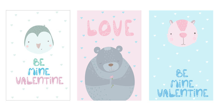 Set of cute cards for Valentine's Day. Cartoon animals. Vector illustration. Set romantic cards with penguin, bear, hearts, festive lettering in cute cartoon flat. inscription be my valentine