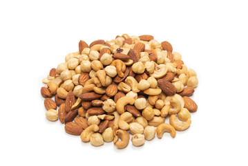Mix of nuts isolated on white background. Top view.