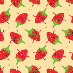 Vector seamless pattern background with cute smiling cartoon style red strawberry characters for food design.