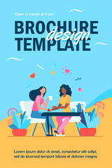 Female friends talking over cup of tea. Holding hand, giving comfort, coffee shop flat vector illustration. Communication, friendship concept for banner, website design or landing web page