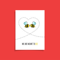 Simple card design with two bees in the sky drawing heart. Cute illustration with cute bees.