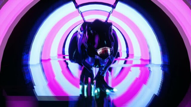 Glowing neon dinosaur walks through the light tunnel. Seamless loop animation tunnel of glowing rings for vj, dj or sci-fi backgrounds.