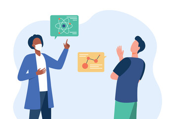 Two scientists discussing scientific theories. Physics, atom, speech bubble flat vector illustration. Knowledge and science concept for banner, website design or landing web page