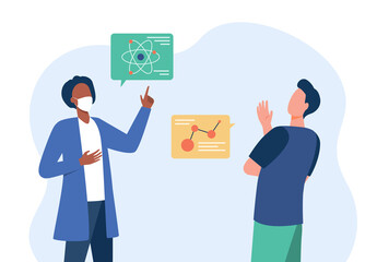 Two scientists discussing scientific theories. Physics, atom, speech bubble flat vector illustration. Knowledge and science concept for banner, website design or landing web page