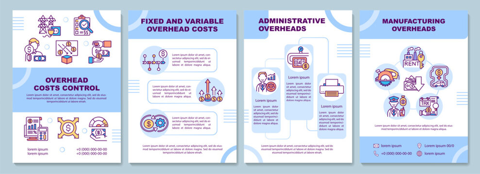 Overhead costs control brochure template. Manufacturing overheads. Flyer, booklet, leaflet print, cover design with linear icons. Vector layouts for magazines, annual reports, advertising posters