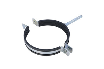 Steel holder with rubber gasket for fixing plumbing pipes to the wall isolated on white background