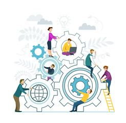 Vector illustration in flat design style. Teamwork. People put together puzzle pieces. Business team, business cooperation and partnership concept.