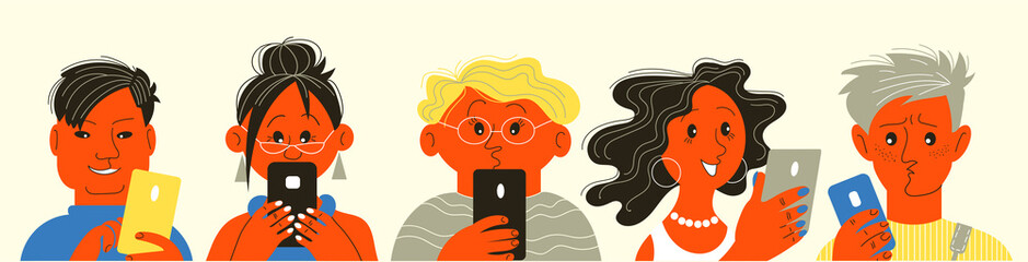 Vector illustration. People look at their cell phones and chat on social media.