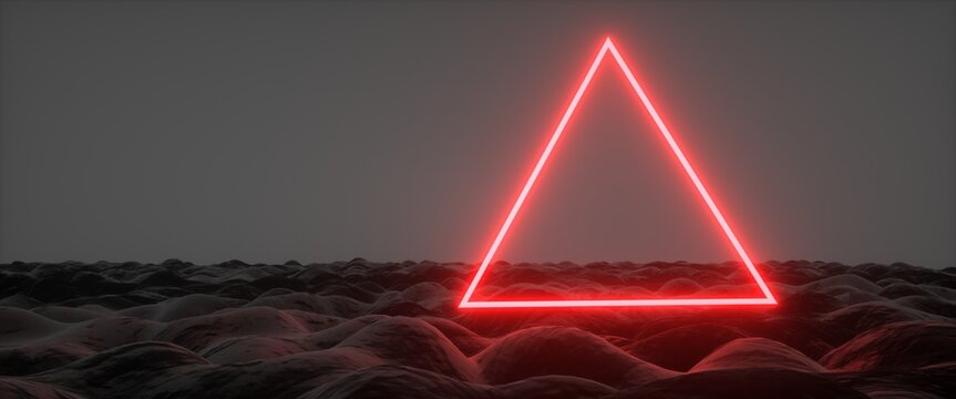 Red neon triangle on an alien planet. Wallpaper in a cyberpunk style. Fantastic landscape. Strange surface against dark grey sky. 3D illustration. Synthwave stylization.